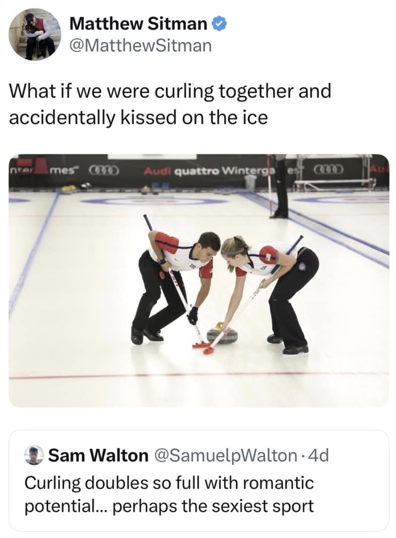 A hilarious romantic Milan Olympics 2026 memes post showing a male and female curling duo leaning extremely close to each other on the ice, jokingly captioned "What if we were curling together and accidentally kissed on the ice" to highlight the sport's unexpected romantic tension.