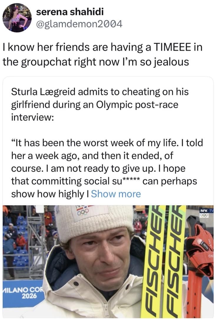 A wild drama-fueled Milan Olympics 2026 memes post featuring a fake, devastating post-race interview quote where a biathlete seemingly admits to cheating on his girlfriend on international television, with viewers joking about how chaotic the girlfriend's group chat must be right now.