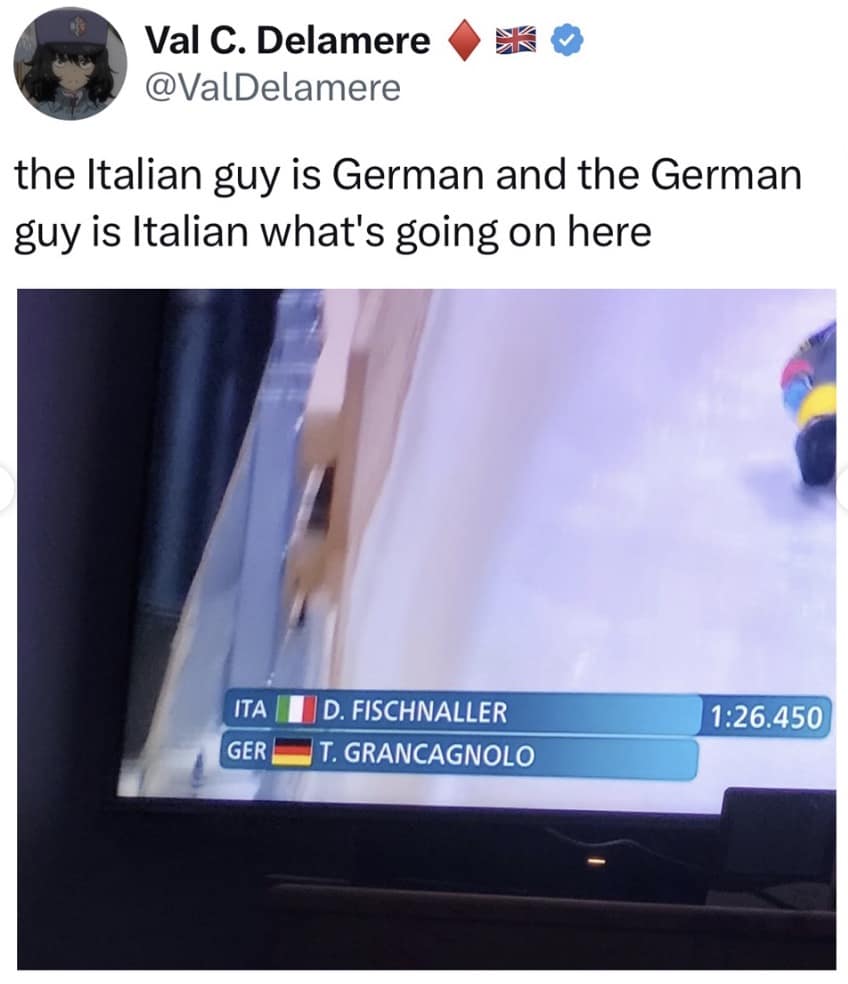 A hilarious geographical Milan Olympics 2026 memes observation showing a broadcast graphic where the Italian athlete has a very German-sounding last name, Fischnaller, and the German athlete has a very Italian-sounding last name, Grancagnolo, causing peak viewer confusion.