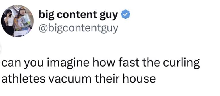 A classic domestic Milan Olympics 2026 memes tweet perfectly applying a winter sport to household chores by asking the highly relatable question, "can you imagine how fast the curling athletes vacuum their house".
