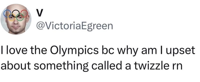 A brilliantly accurate end of Olympics memes tweet highlighting the absurdity of suddenly becoming deeply invested in niche figure skating terminology, with a user wondering why they are furiously upset "about something called a twizzle".