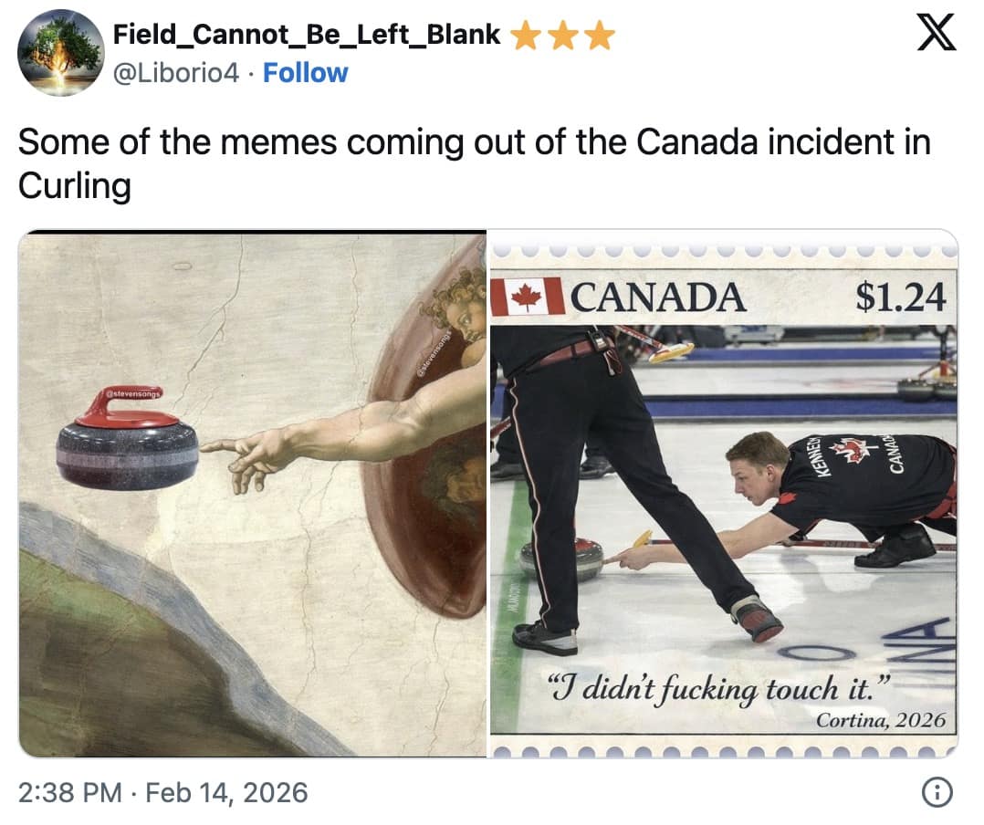 A dramatic Milan Olympics 2026 memes post showcasing a curling scandal, featuring a parody of the Creation of Adam painting with a curling stone, alongside a fake postage stamp immortalizing the moment a Canadian curler aggressively swore he didn't touch the stone.