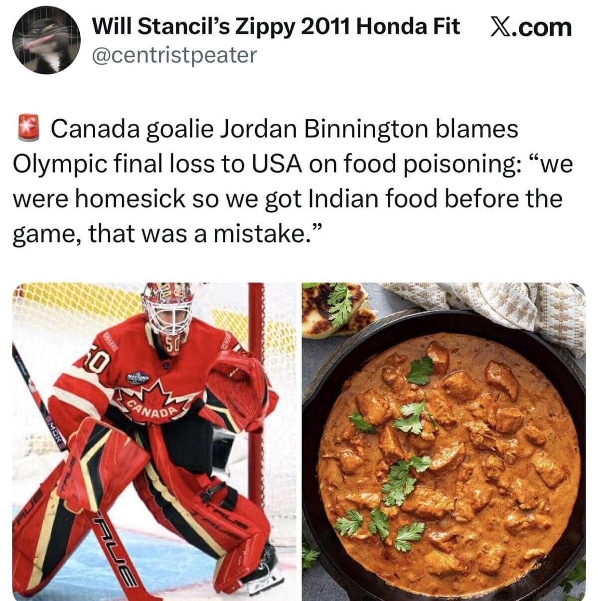 A hilarious satirical Milan Olympics 2026 memes post claiming Canadian hockey goalie Jordan Binnington blamed an Olympic final loss on food poisoning because the team was "homesick so we got Indian food," expertly poking fun at modern Canadian demographics and culinary staples.