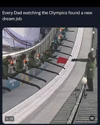 A fantastic dad-joke tier Milan Olympics 2026 memes post showing a line of workers standing on a massive, steep ski jump ramp using leaf blowers to clear the snow, accurately captioned "Every Dad watching the Olympics found a new dream job".
