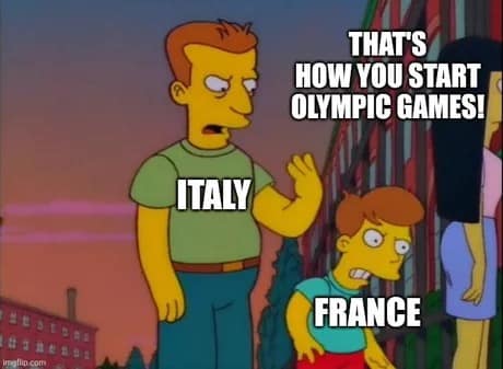 Milan Olympics opening ceremony memes using The Simpsons: Zapp Brannigan labeled "Italy" telling a scared Kif labeled "France" that "That's how you start Olympic games!"