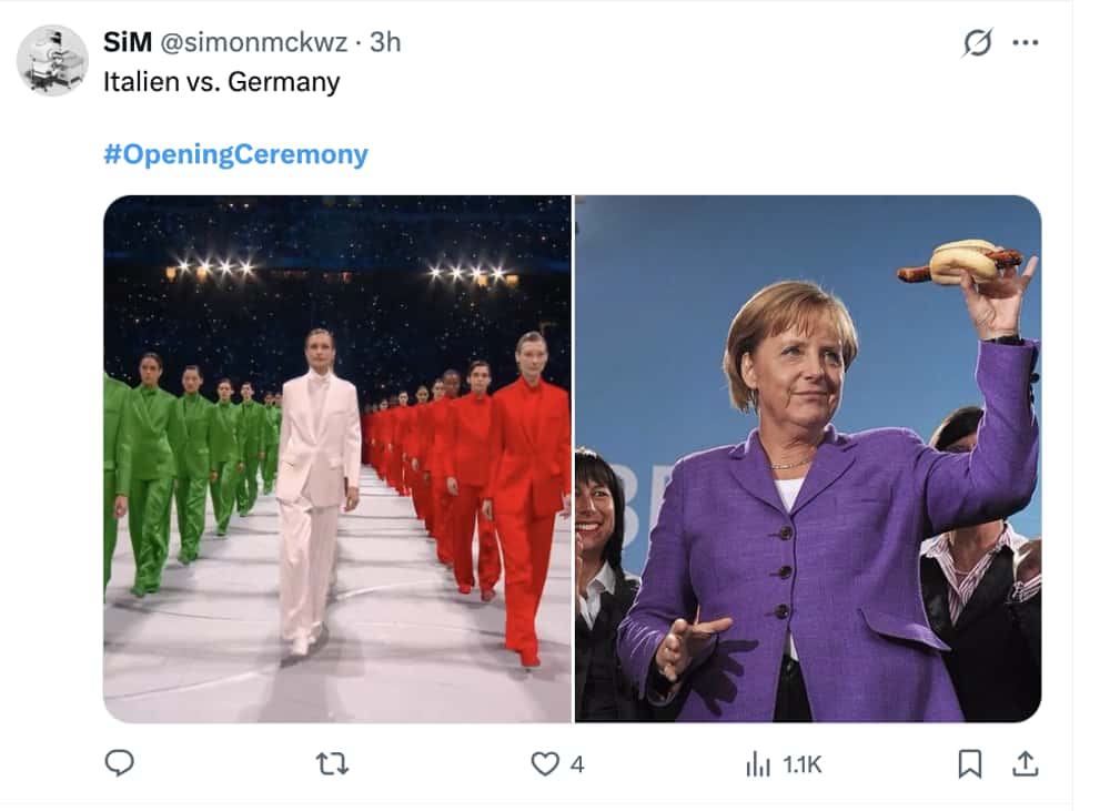 Milan Olympics opening ceremony memes comparison: The stylish Italian team in suits versus Angela Merkel holding a bratwurst bun, labeled "Italien vs. Germany."