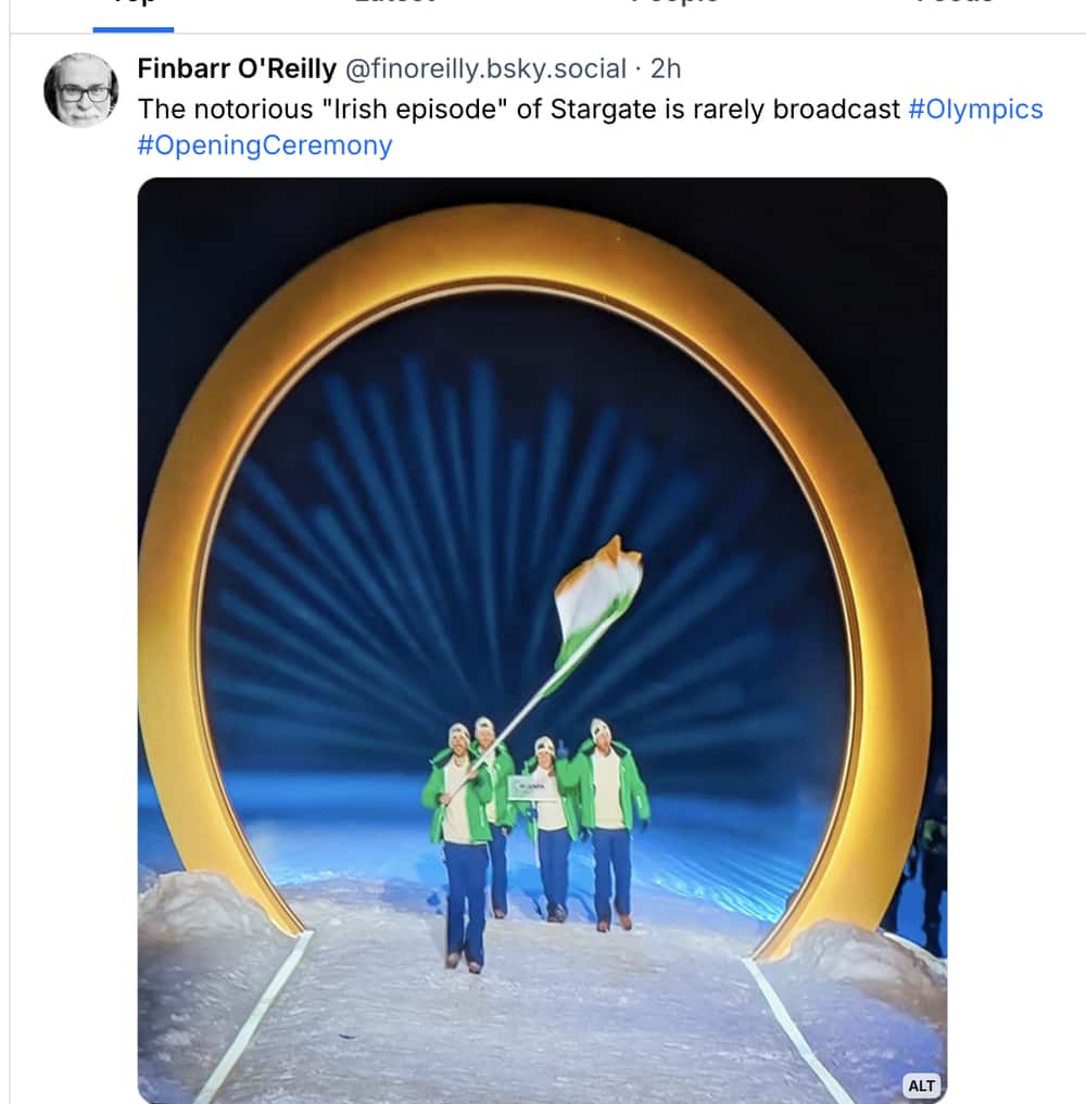 Milan Olympics opening ceremony memes tweet: The Irish team walking through a large circular light portal, joked about as the "notorious Irish episode of Stargate."