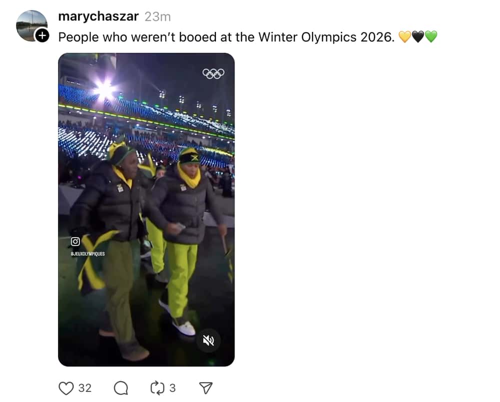 Milan Olympics opening ceremony memes post: A video still of the Jamaican bobsled team walking in the parade, captioned "People who weren't booed at the Winter Olympics 2026."