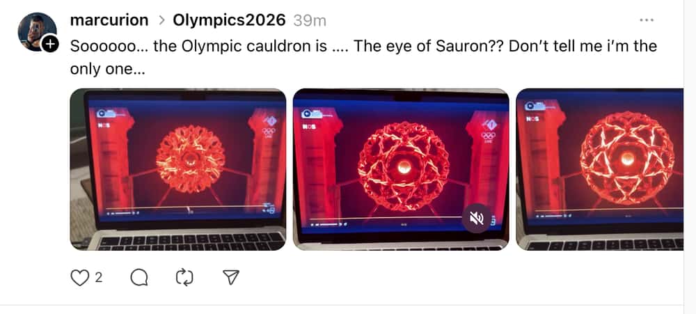 Milan Olympics opening ceremony memes tweet: Three screenshots comparing the glowing red, intricate Olympic cauldron structure to the Eye of Sauron from Lord of the Rings.