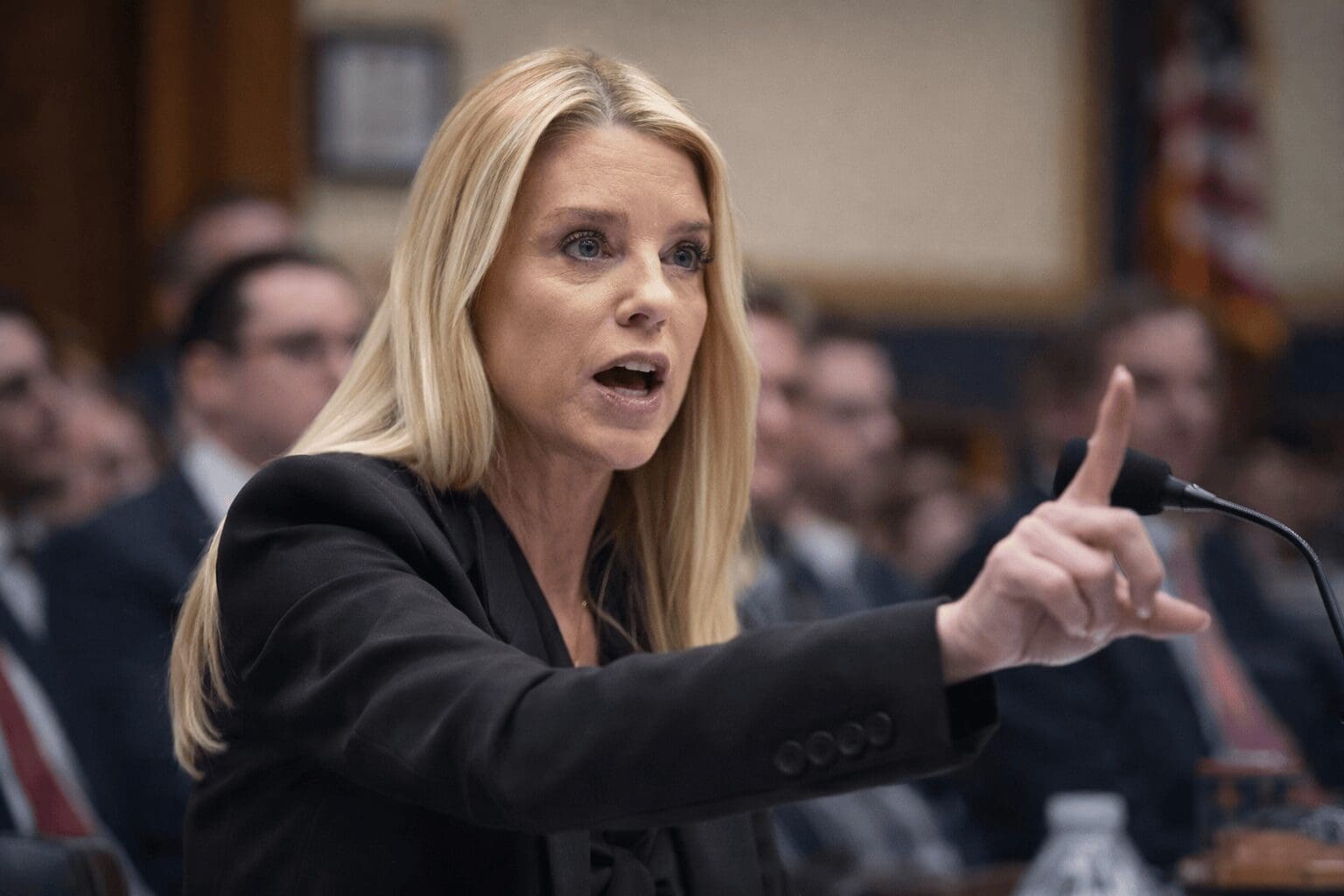 Compilation of Pam Bondi hearing memes focusing on the "Dow 50k" deflection and the "Woman Yelling at Cat" remix.