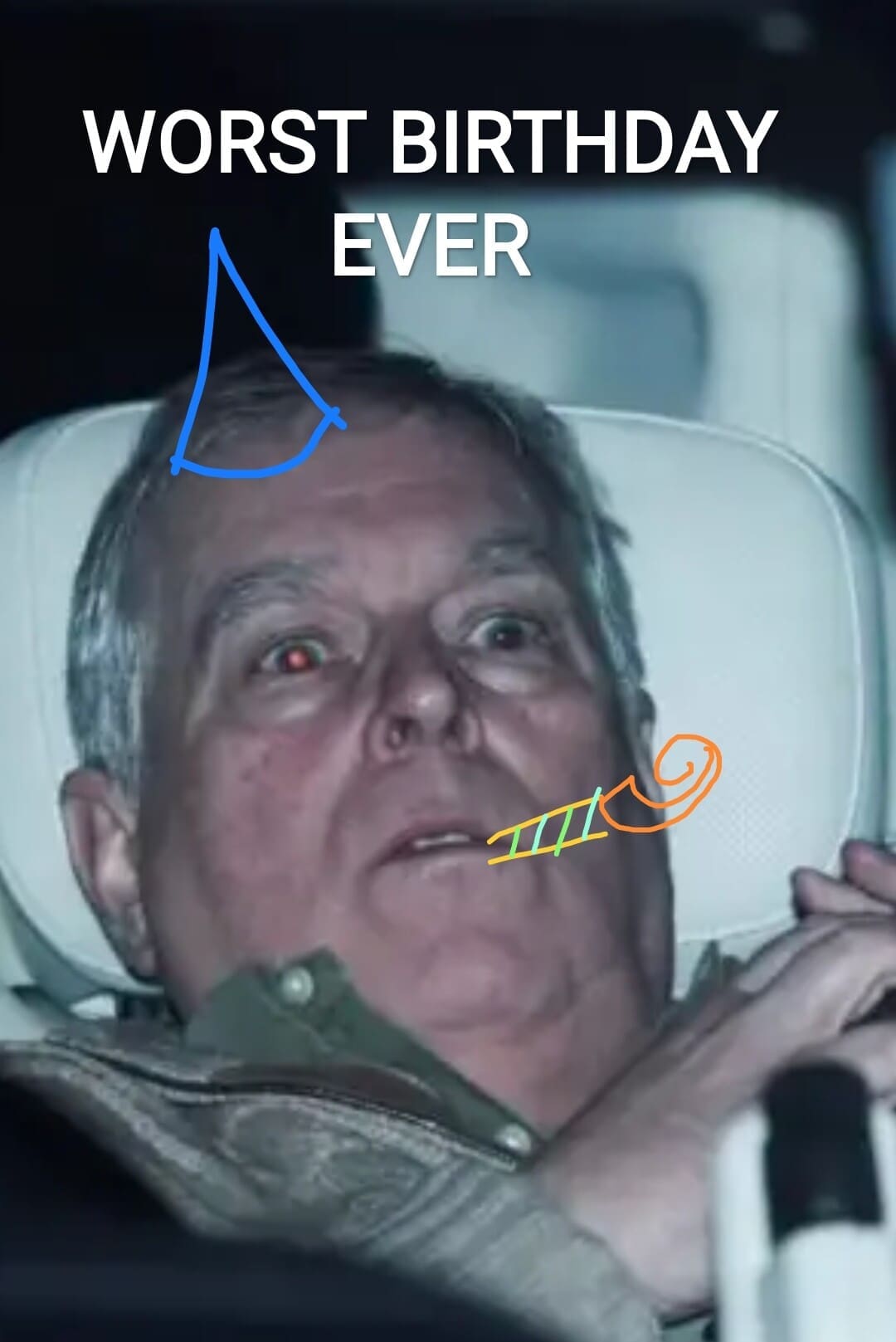 A savage Prince andrew arrest meme reaction featuring the terrified photo of Prince Andrew in the back of a car, disrespectfully edited with a crude blue party hat and a party blower under the massive text "WORST BIRTHDAY EVER."