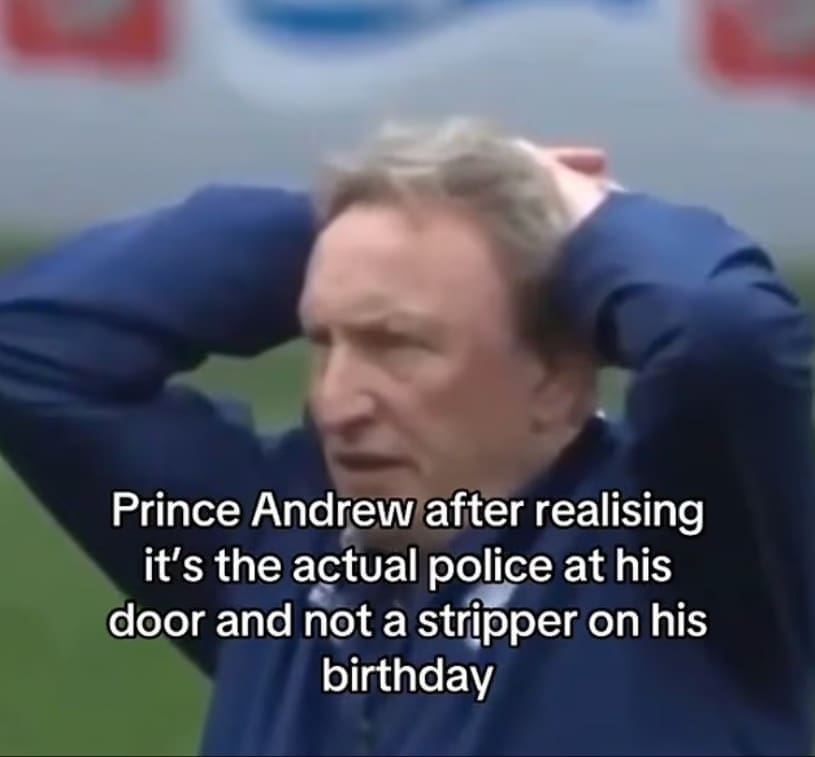 A sports-themed Prince andrew arrest meme reaction showing a football manager holding his head in utter despair, representing the exact moment Andrew realized "it's the actual police at his door and not a stripper on his birthday."