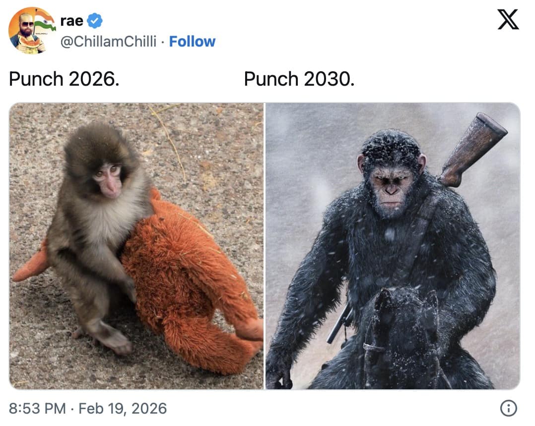 A hilarious villain-origin story found in memes about Punch the Monkey, juxtaposing a sad "Punch 2026" against a fierce "Punch 2030" represented by an armed, horse-riding ape from Planet of the Apes ready for war.