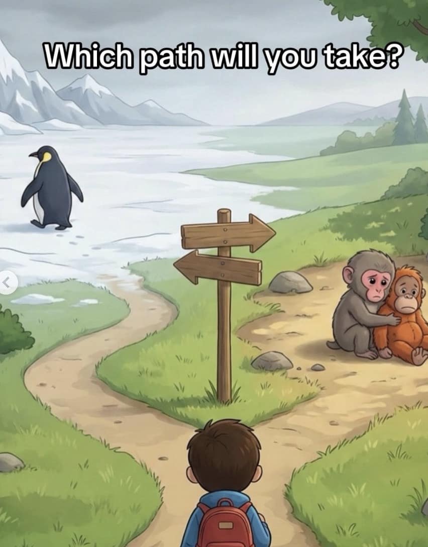 A brilliant pop-culture crossroads Punch The Monkey meme showing an illustration of a boy choosing between two paths: one leading to Pesto the penguin and the other leading to Punch hugging his plush toy, asking "Which path will you take?".