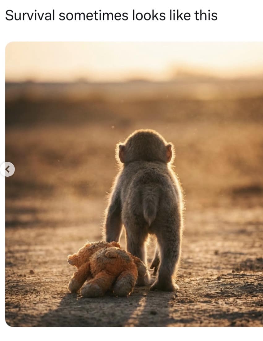 A dramatically inspirational addition to memes about Punch the Monkey, capturing a golden hour silhouette of the baby macaque dragging his toy toward the horizon, powerfully captioned "Survival sometimes looks like this".