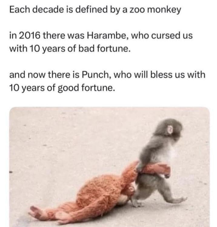 A legendary cultural Punch The Monkey meme declaring that each decade is defined by a zoo monkey, contrasting the 2016 curse of Harambe with the ultimate hope that Punch will bless the world with ten years of good fortune.
