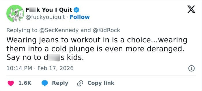 A highly relatable RFK JR and Kid Rock workout meme tweet analyzing the bizarre fashion choices, noting that working out in jeans is a choice, but wearing them into a cold plunge is truly "deranged."