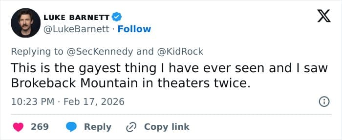 A hilarious RFK Jr sauna meme showing a viral tweet comparing the sweaty, shirtless video to Brokeback Mountain, claiming it is the "gayest thing I have ever seen."