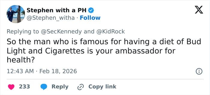 A highly critical RFK JR and Kid Rock workout meme tweet questioning the logic of making a man "famous for having a diet of Bud Light and Cigarettes" an ambassador for health.