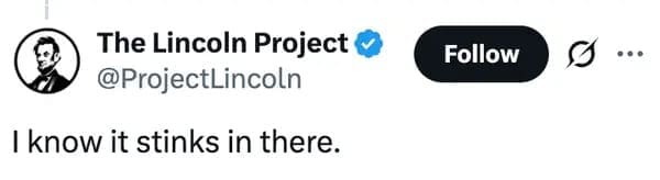 A hilarious reaction RFK Jr sauna meme featuring a quote-tweet from The Lincoln Project brutally reacting to the sweaty workout video by simply stating, "I know it stinks in there."