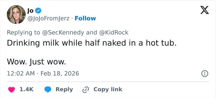 A disgusted RFK JR and Kid Rock workout meme tweet expressing pure shock at the video's unhinged energy, summarizing the vibe as "Drinking milk while half naked in a hot tub. Wow. Just wow."