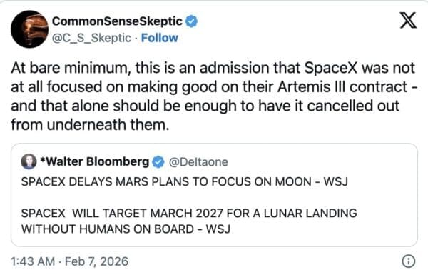 A skepticism-filled SpaceX moon meme arguing that the pivot to a 2027 Moon landing is an admission that SpaceX failed to focus on their Artemis III contract obligations.