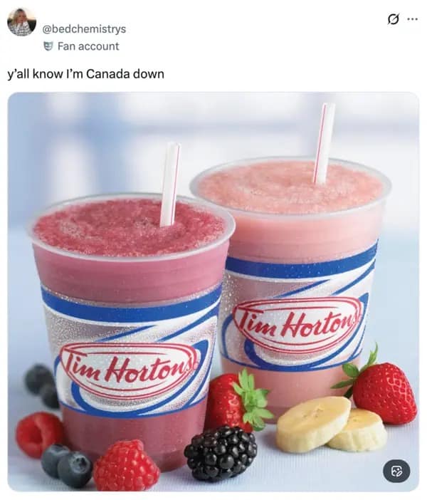 A Yall know I'm Canada Down meme showing two fruit smoothies from Tim Hortons.