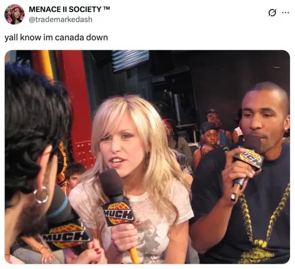 A Tate McRae meme sharing a childhood photo of the singer holding a small flag with the caption y'all know I'm Canada down.