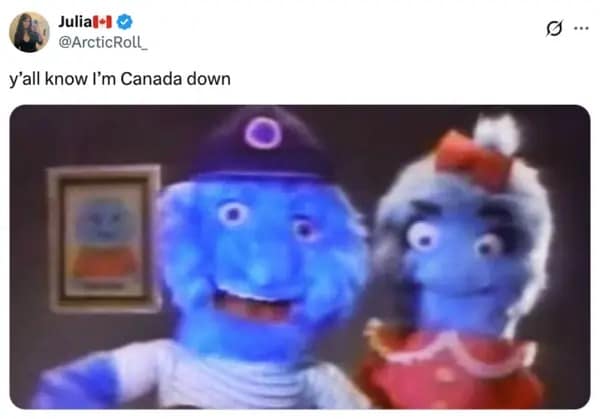 A Yall know I'm Canada Down meme featuring two blue puppets wearing hats, recalling classic Canadian children's television.