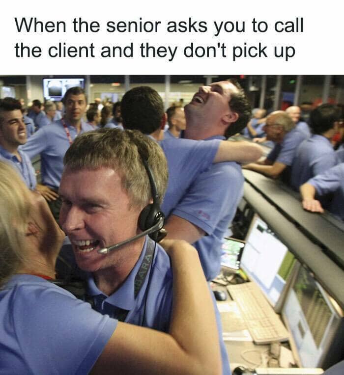 NASA mission control staff celebrating wildly because a client did not pick up a required phone call.