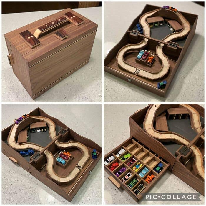 Amazing woodworking portable box that unfolds into a complex multi level toy car race track and garage.