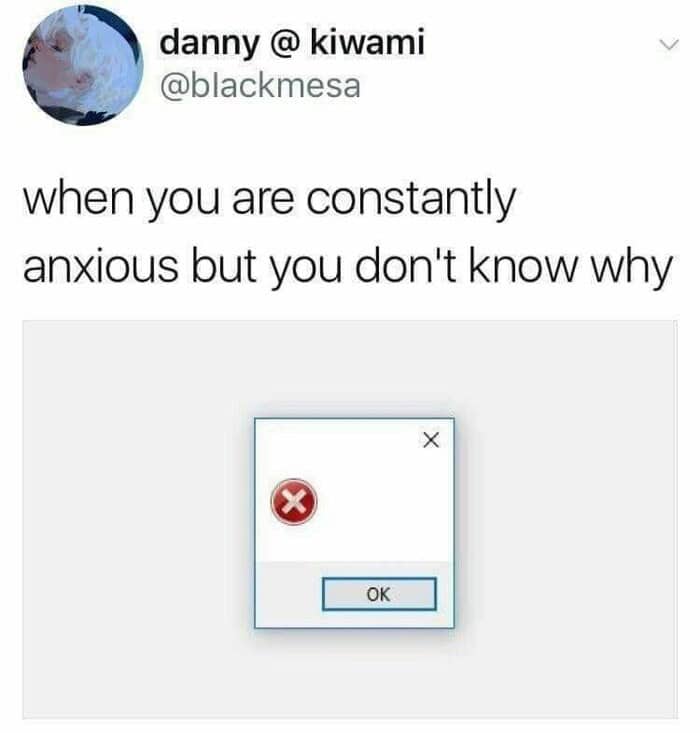 A highly accurate anxiety meme illustrating the feeling of being constantly panicked without knowing why, using a completely blank computer error pop-up window with just a red X and an "OK" button.