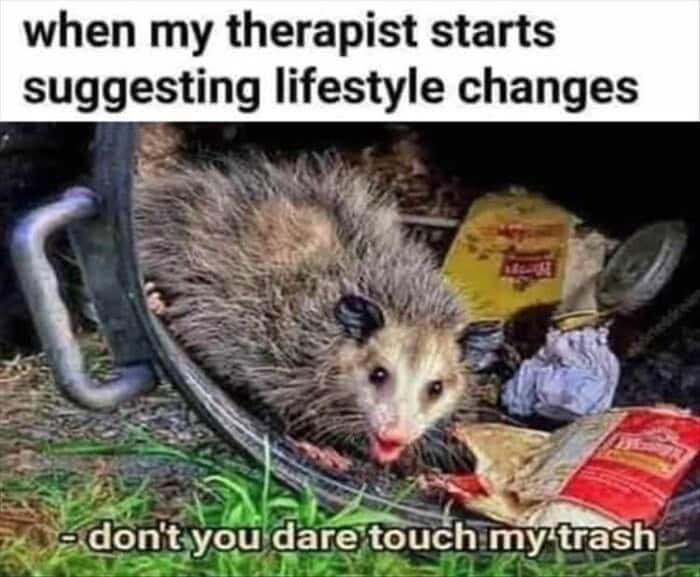 A wildly funny anxiety meme featuring an angry possum guarding its garbage bin with the text "don't you dare touch my trash," representing the fierce resistance when a therapist suggests making healthy lifestyle changes.