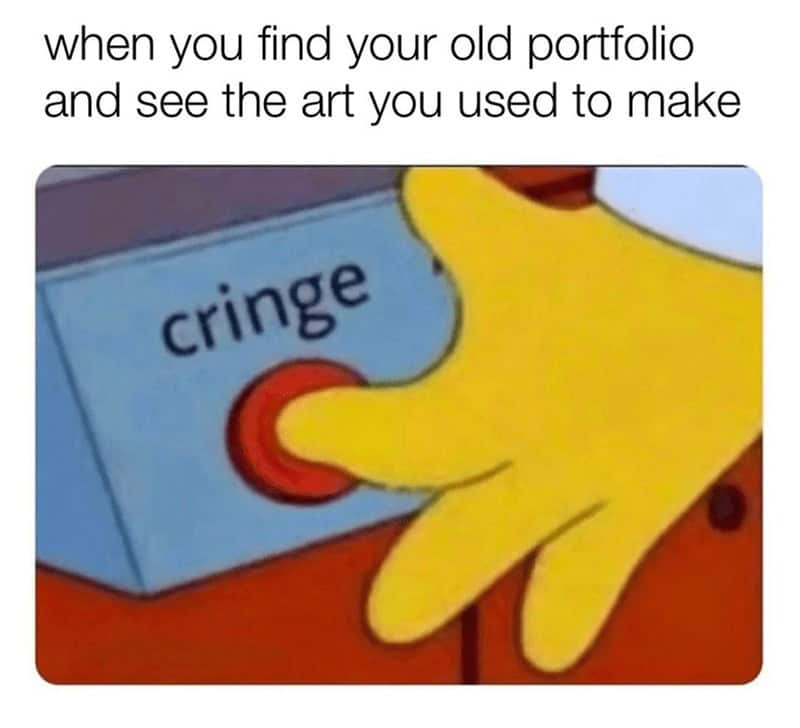 Close-up of a cartoon hand about to press a large red button labeled cringe while looking at an old portfolio.