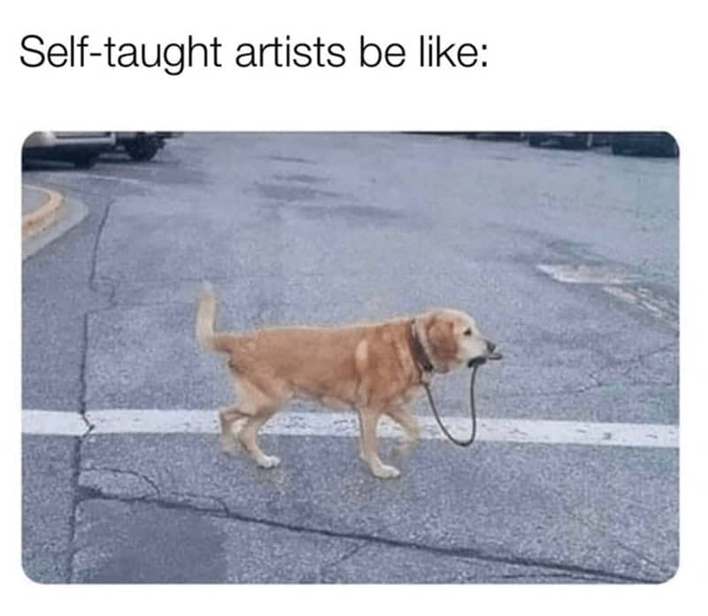 A golden retriever walking itself by holding its own leash in its mouth to represent self-taught artists.