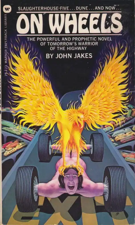 A retro sci-fi book cover titled "On Wheels" featuring a man’s head and arms attached to car wheels.