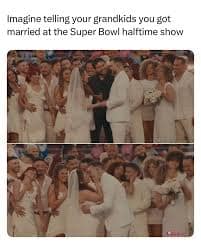A bad bunny halftime show meme comparing the white-clad dancers on the field to a massive wedding ceremony.