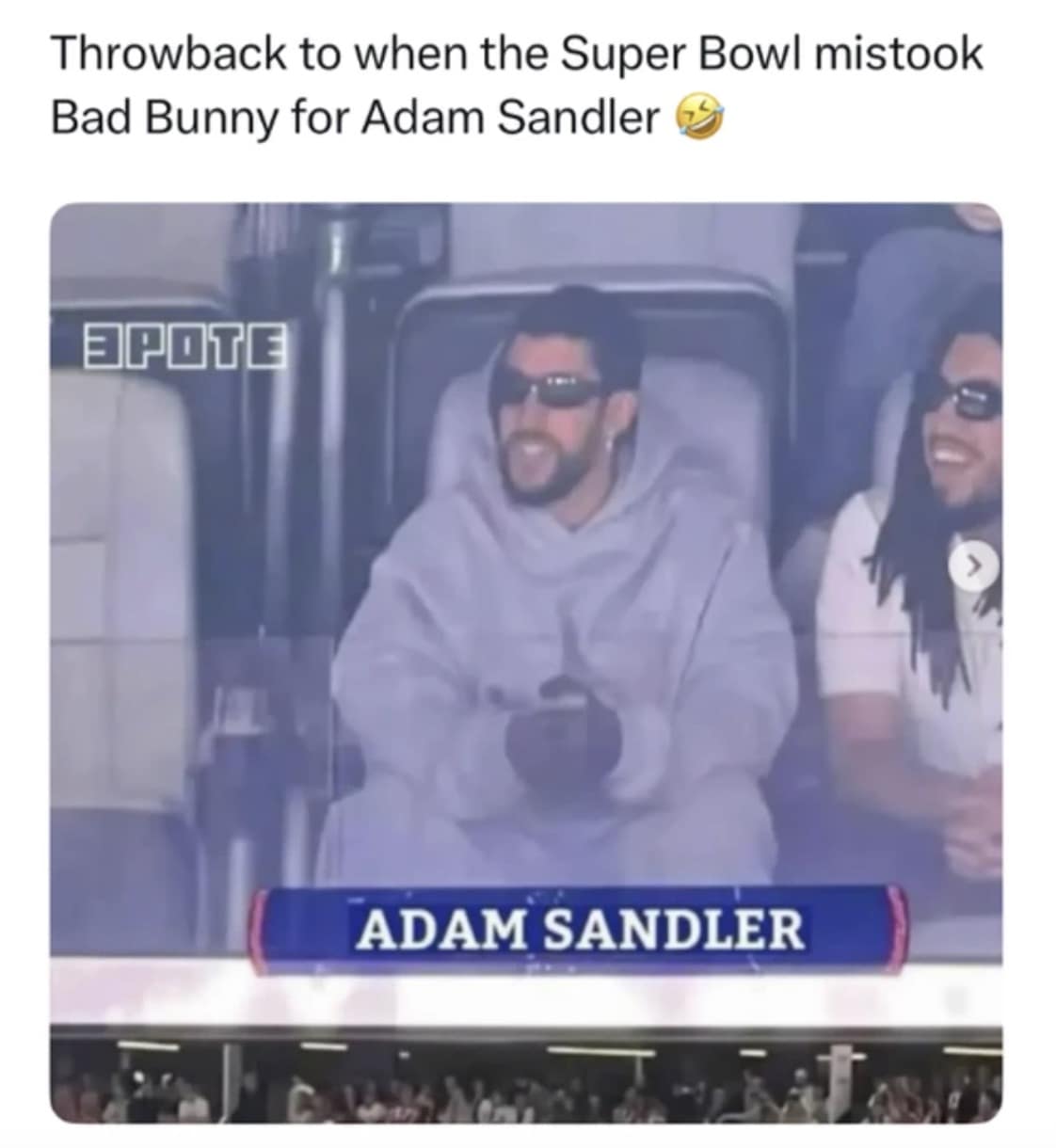 A hilarious bad bunny halftime show meme highlighting a broadcast error where the singer was mislabeled as "Adam Sandler" on screen.