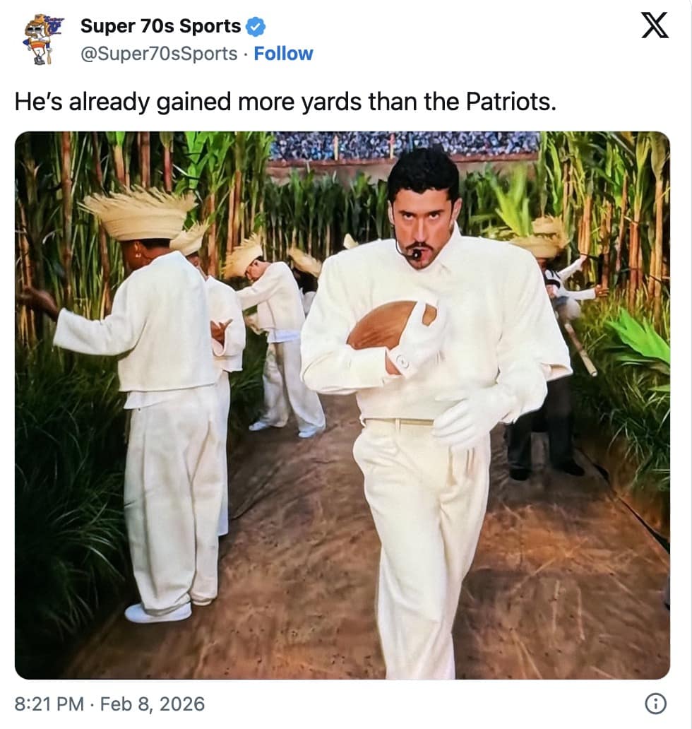 A savage bad bunny halftime show meme joking that the singer holding the football gained more yards than the New England Patriots.