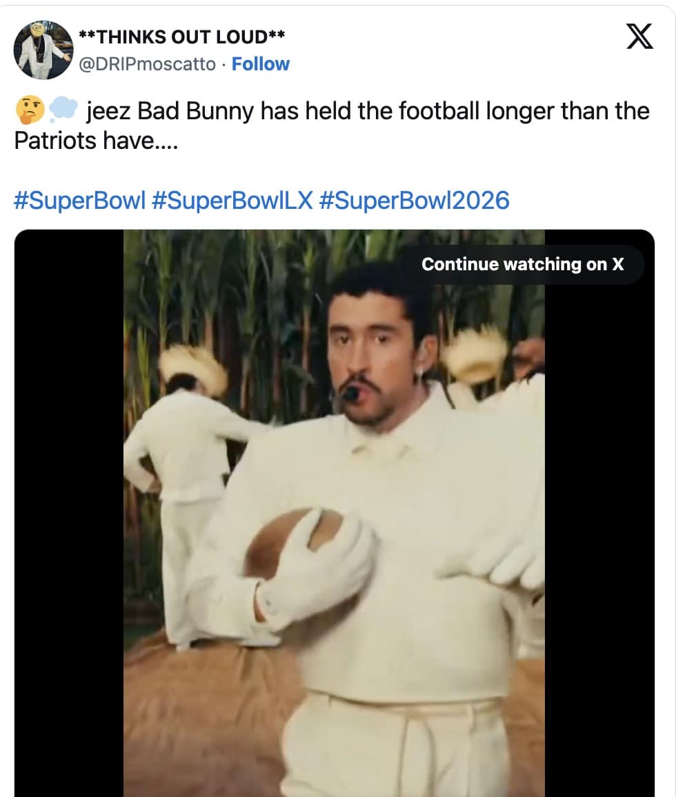 A witty bad bunny halftime show meme pointing out that he held the football longer during his song than the Patriots offense did on the field.