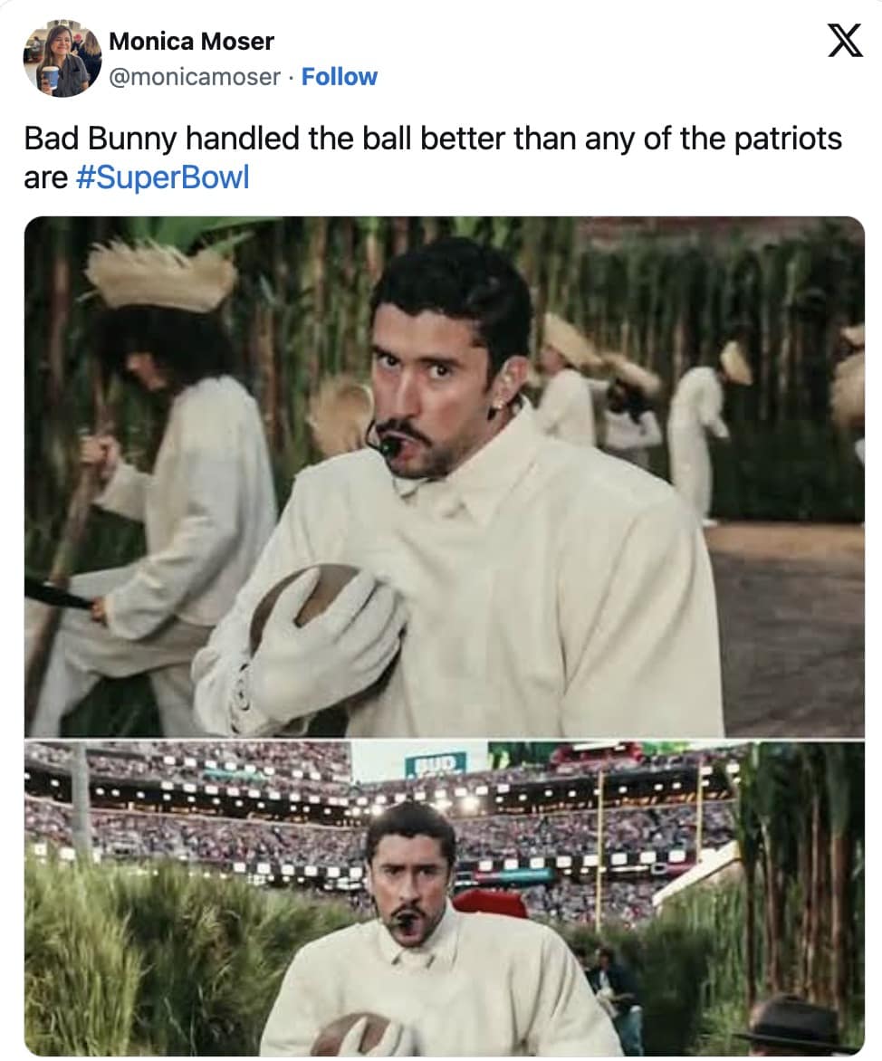 A side-by-side bad bunny halftime show meme emphasizing that the singer handled the ball better than any of the Patriots players.