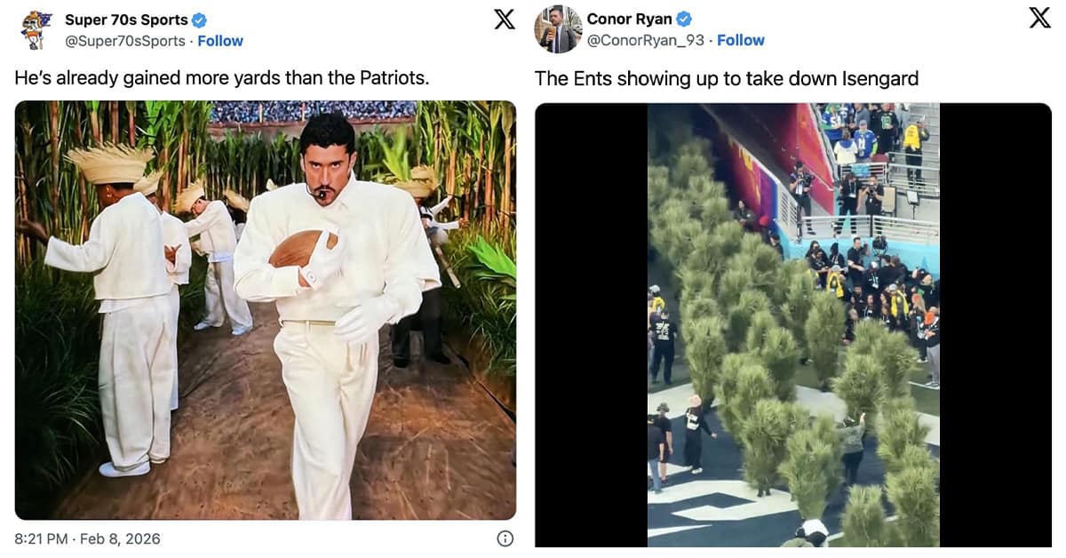 A compilation of the best bad bunny halftime show memes, featuring roasts of the Patriots and the "Adam Sandler" mix-up.