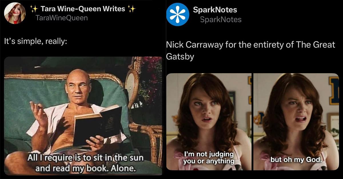 Best book meme compilation featuring the Hamlet "family tea" joke, Captain Picard reading, and Pride and Prejudice drama.