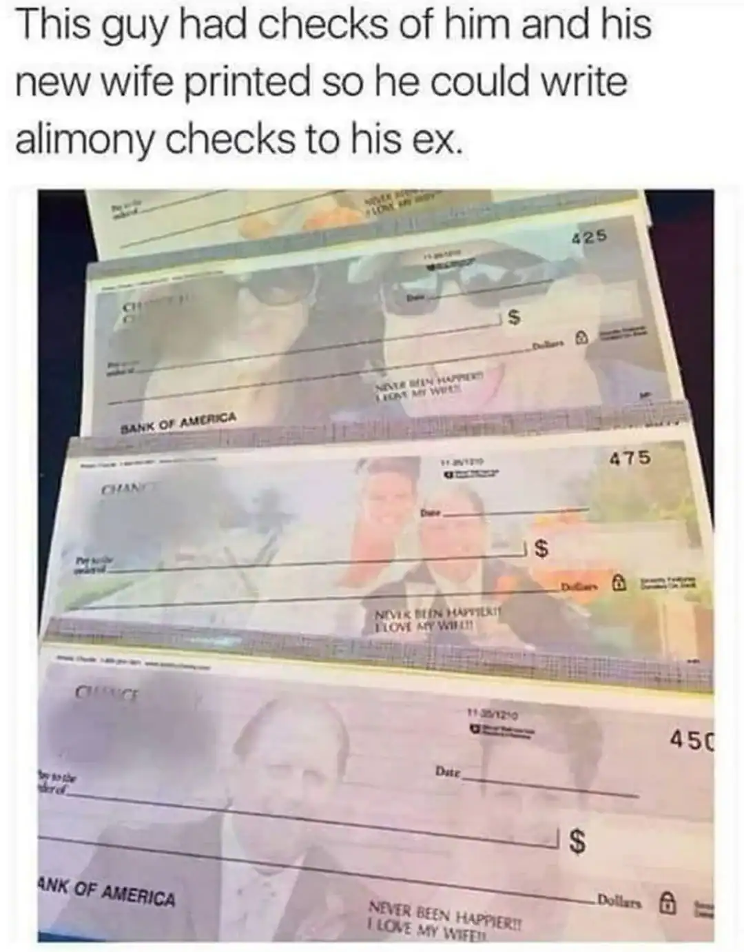 Personalized bank checks featuring a happy couple with text stating he uses them to pay alimony to his ex.