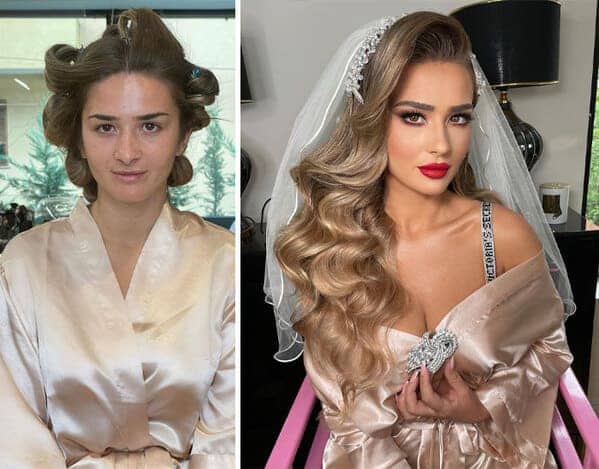 Split comparison of a bride's natural face and hair next to her glamorous wedding day transformation.