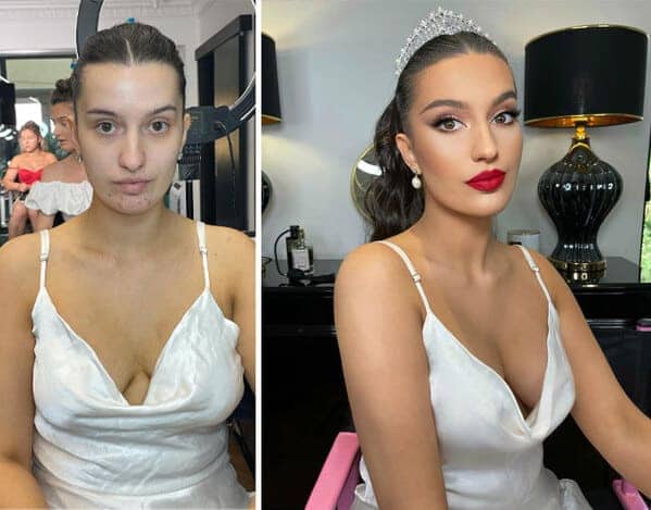 Before and after makeup transformation of a bride with dramatic red lipstick and a sparkling tiara.