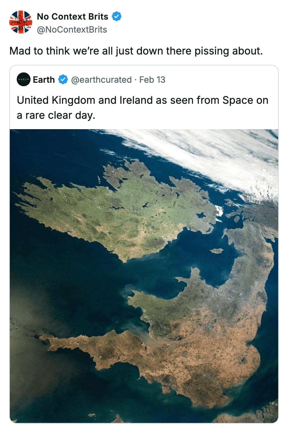 Satellite view of the United Kingdom and Ireland on a rare clear day from space.