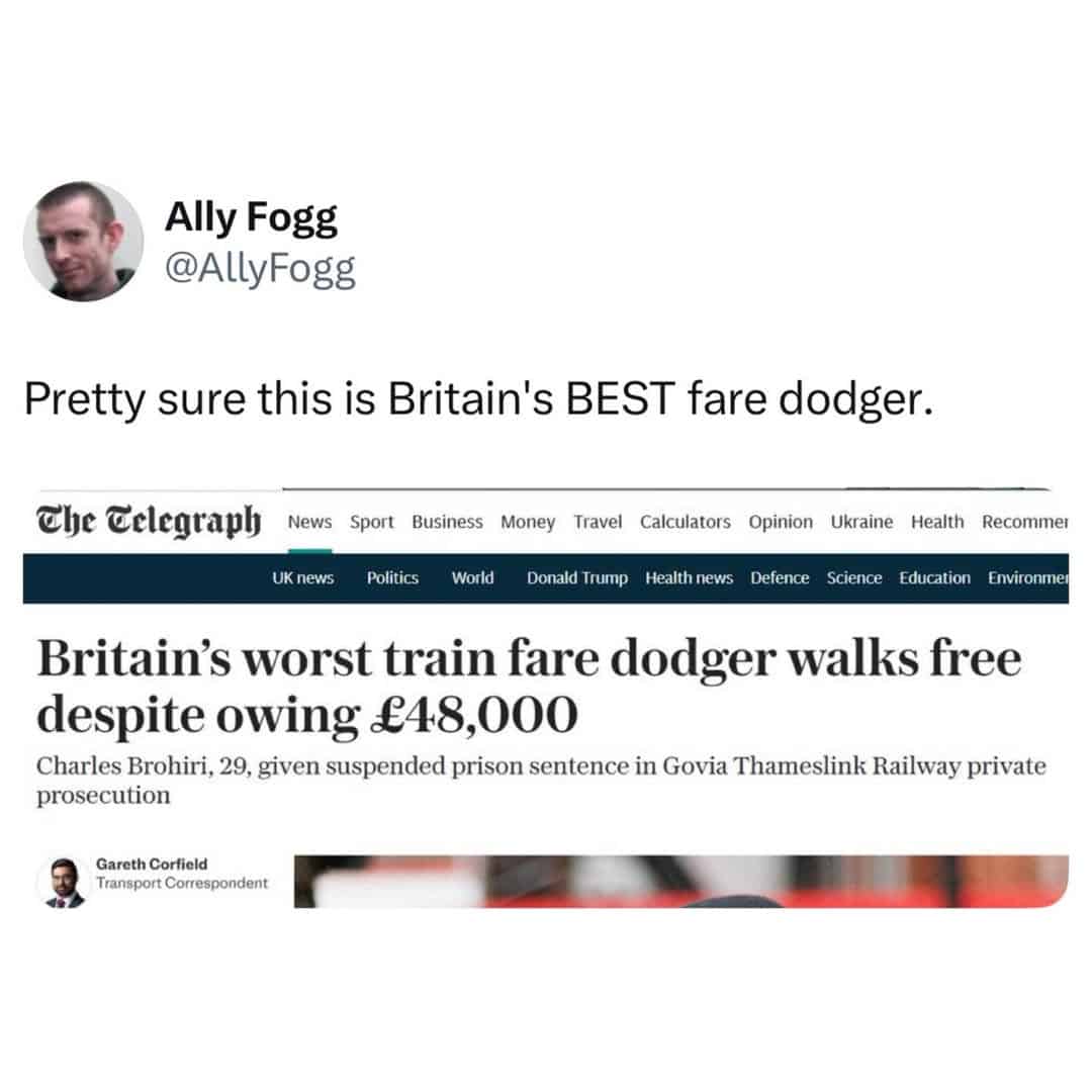 A news headline about a train fare dodger who owes forty-eight thousand pounds.