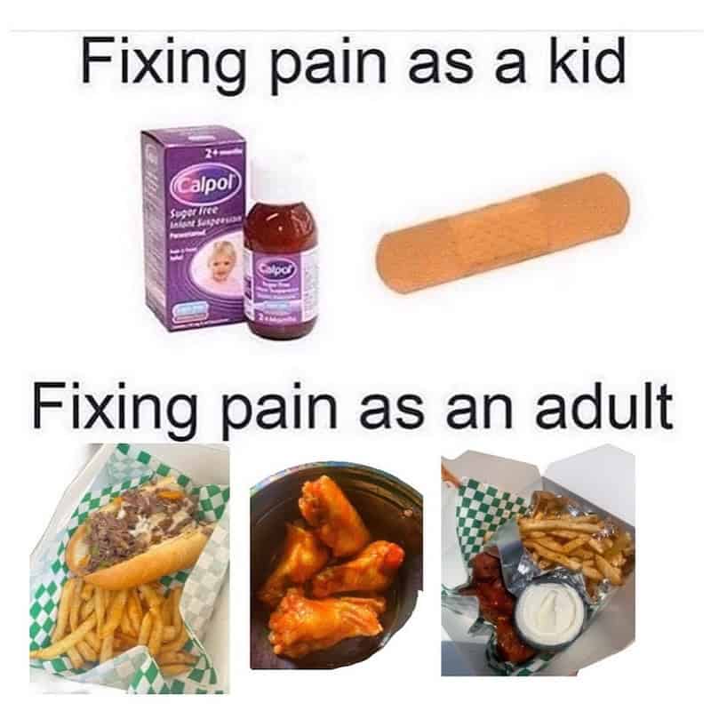 Comparison meme showing medicine and bandages for kids versus cheesesteaks and chicken wings for adults.