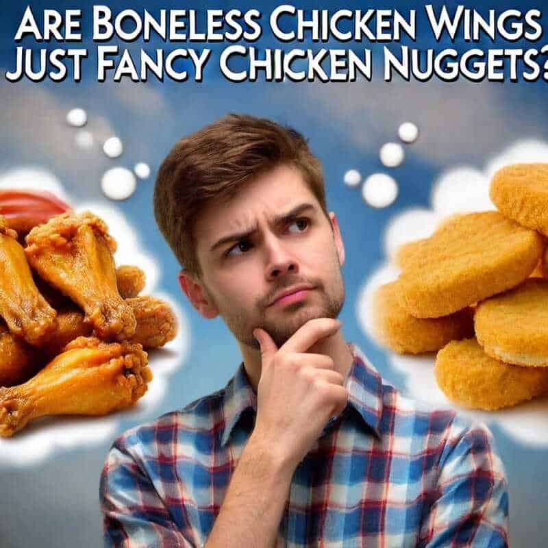 Man in thought contemplating if boneless chicken wings are actually just fancy chicken nuggets.